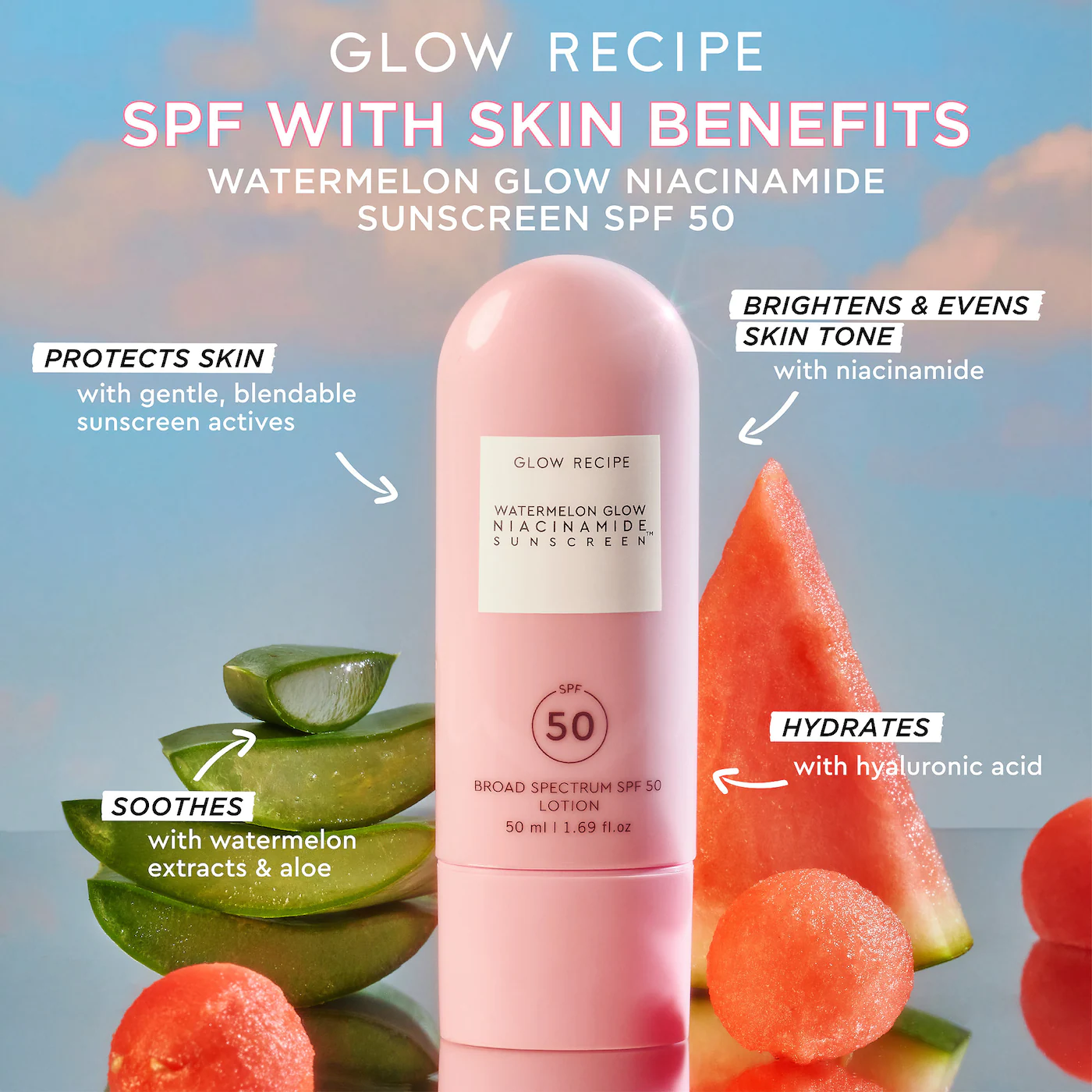 GLOW RECIPE Watermelon Glow Niacinamide Sunscreen SPF 50 купить в Beauty Storage. Быстрая доставка по России и СНГ.
