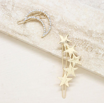 Stars and Moon Set of 2 Hair Barrettes in Gold
